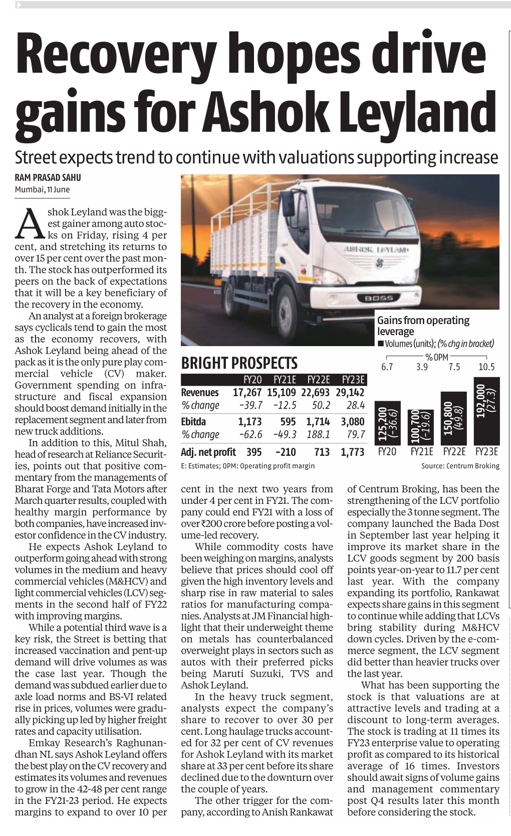 Recovery Hopes Drive Gains for Ashok Leyland Street Expects Trend to Continue with Valuations Supporting Increase RAM PRASAD SAHU Mumbai, 11 June