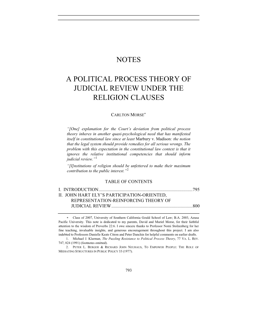 Notes a Political Process Theory of Judicial Review Under the Religion