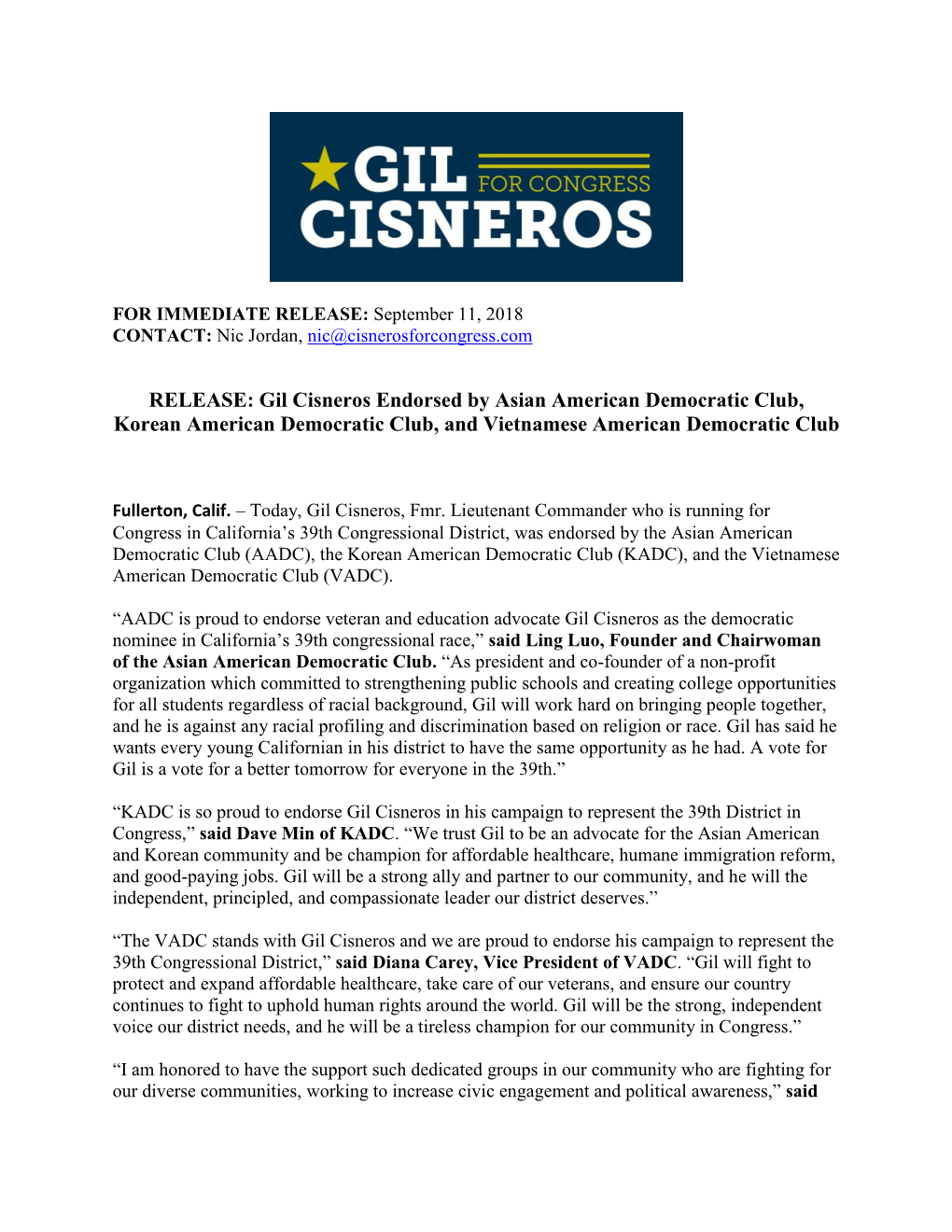 Gil Cisneros Endorsed by Asian American Democratic Club, Korean American Democratic Club, and Vietnamese American Democratic Club