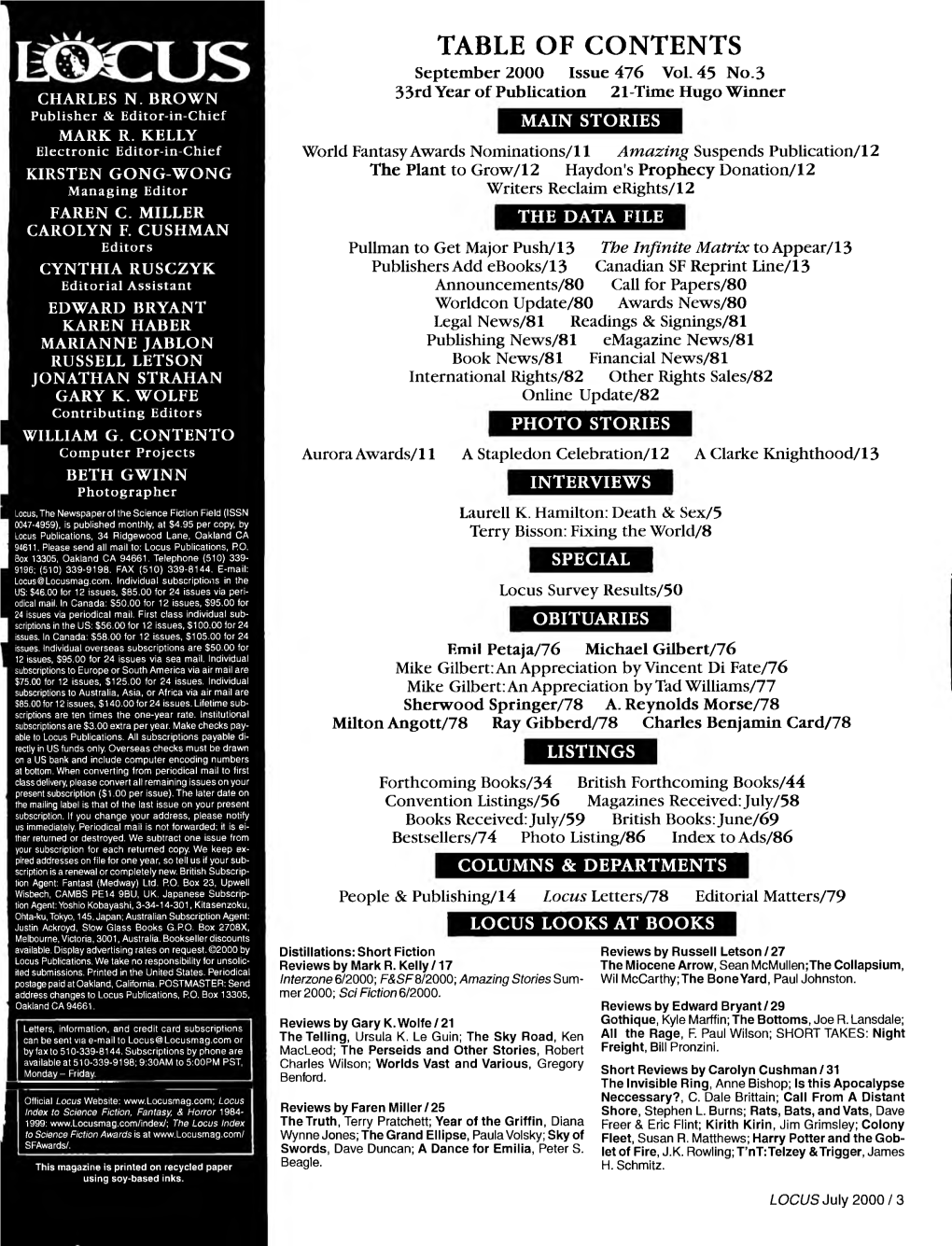 TABLE of CONTENTS September 2000 Issue 476 Vol