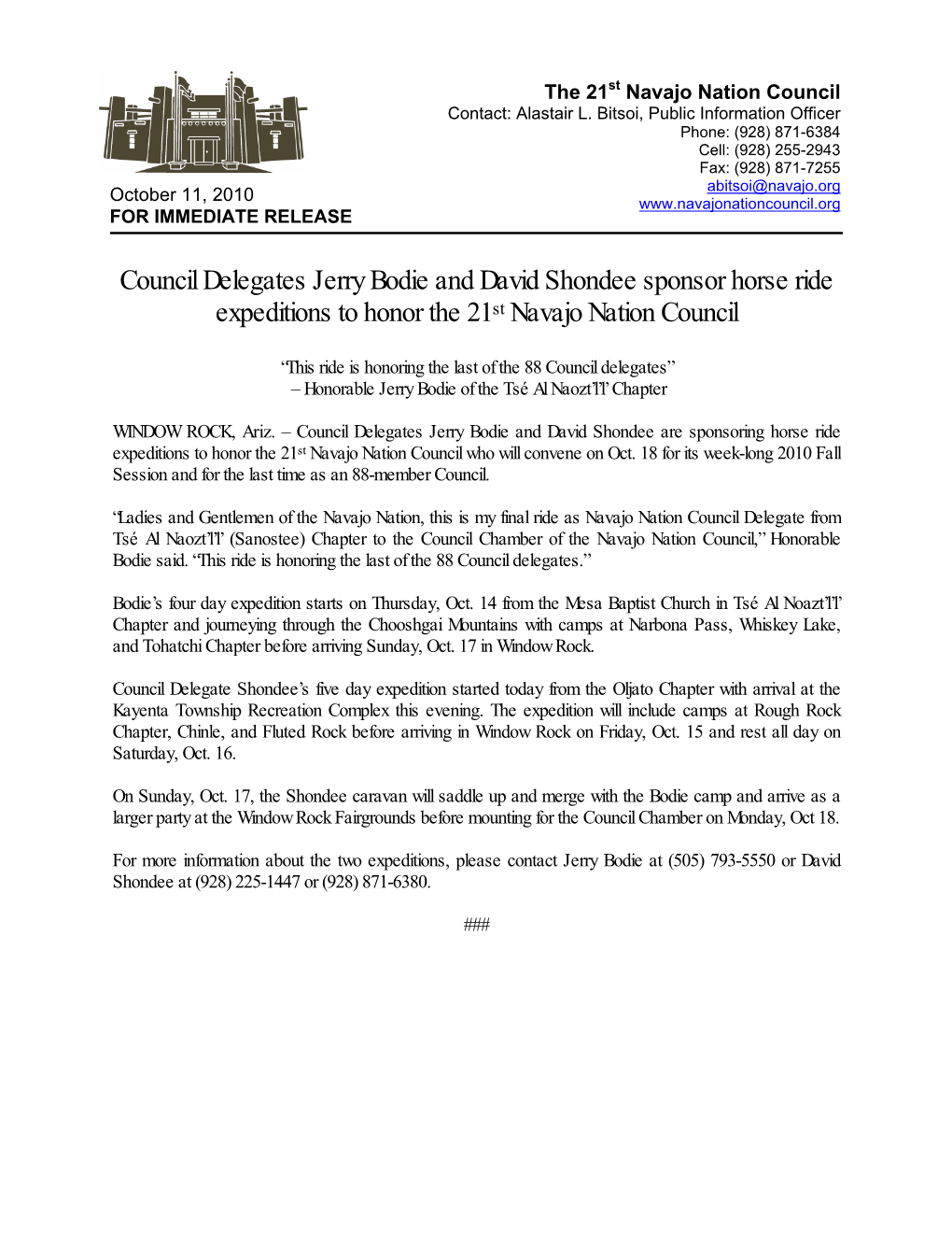 Council Delegates Jerry Bodie and David Shondee Sponsor Horse Ride Expeditions to Honor the 21St Navajo Nation Council