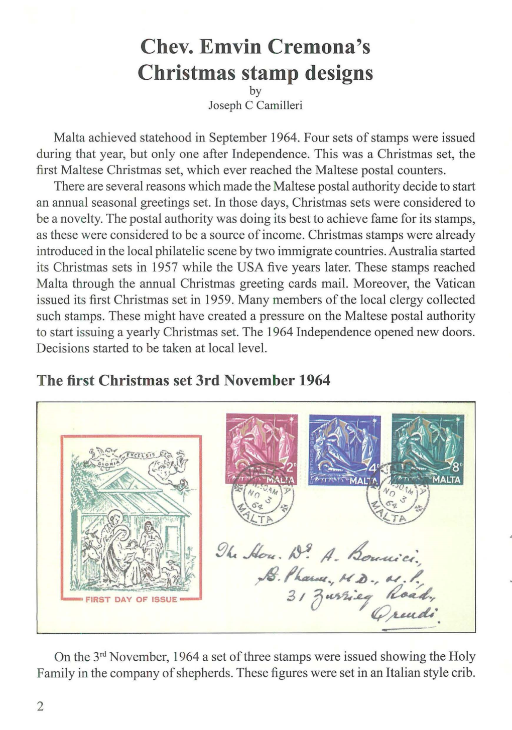 Chev. Emvin Cremona's Christmas Stamp Designs by Joseph C Camilleri