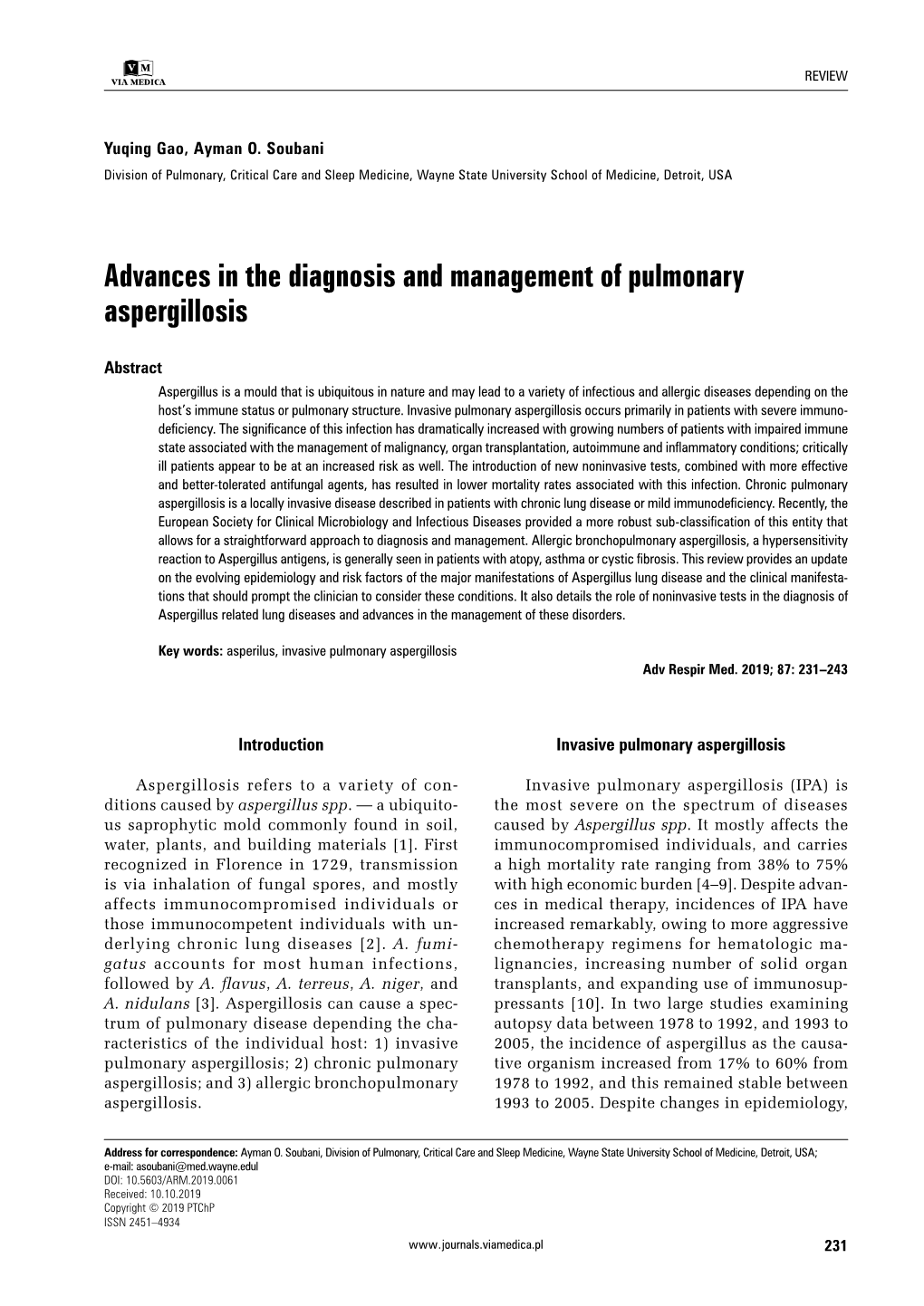 Advances in the Diagnosis and Management of Pulmonary Aspergillosis