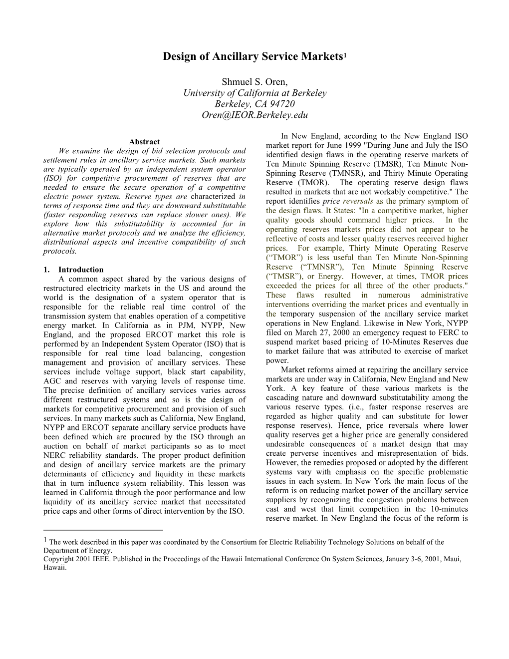 Design of Ancillary Service Markets1