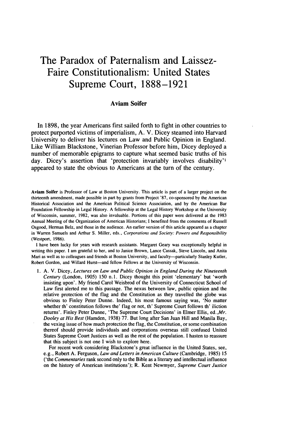 The Paradox of Paternalism and Laissez- Faire Constitutionalism: United States Supreme Court, 1888-1921