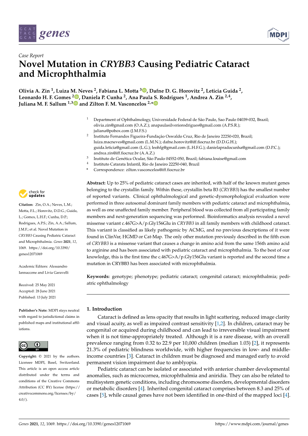 Novel Mutation in CRYBB3 Causing Pediatric Cataract and Microphthalmia