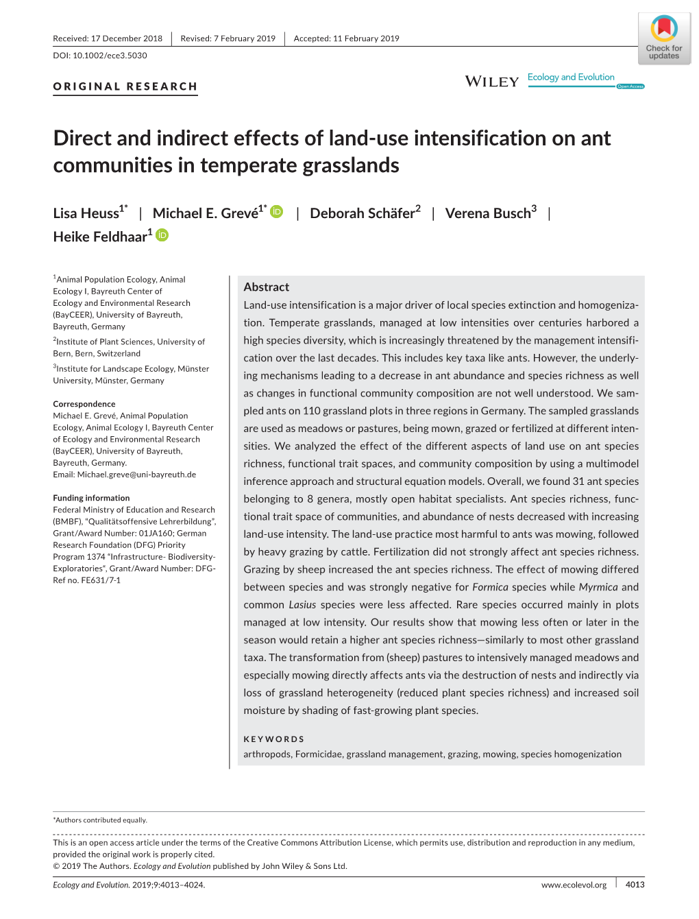Direct and Indirect Effects of Land‐Use Intensification on Ant Communities in Temperate Grasslands
