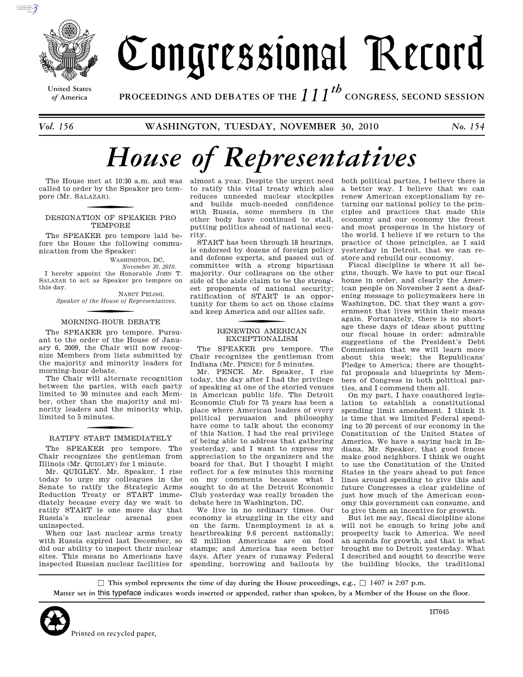 Congressional Record United States Th of America PROCEEDINGS and DEBATES of the 111 CONGRESS, SECOND SESSION