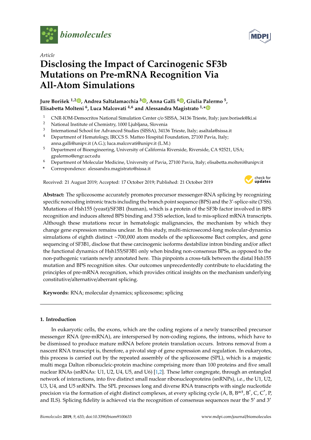 Disclosing the Impact of Carcinogenic Sf3b Mutations on Pre-Mrna Recognition Via All-Atom Simulations