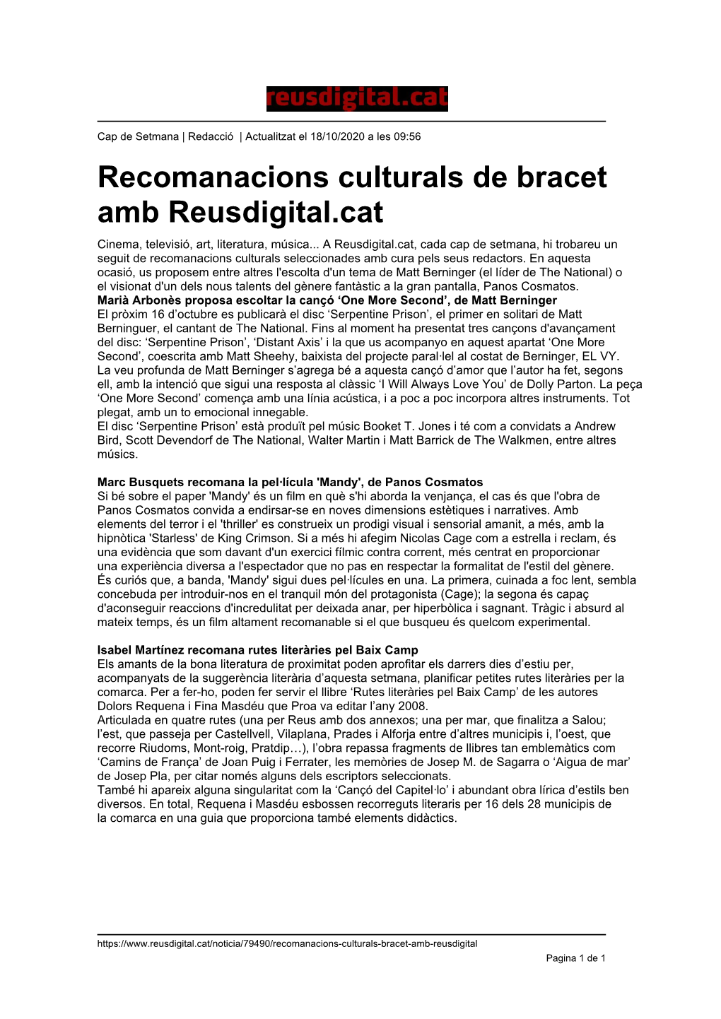 Recomanacions Culturals De Bracet Amb Reusdigital.Cat Cinema, Televisió, Art, Literatura, Música