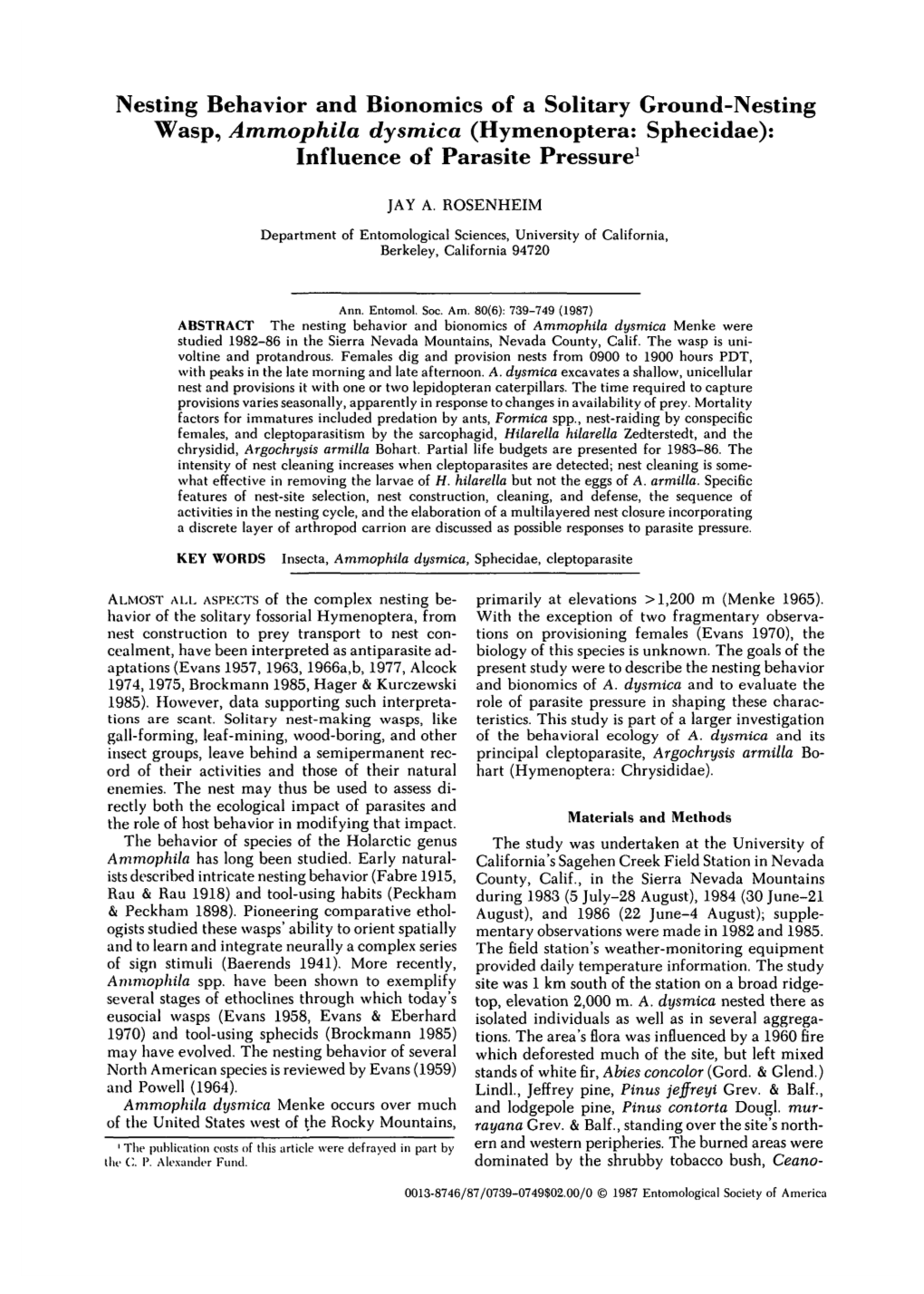 Nesting Behavior and Bionomics of a Solitary Ground-Nesting Wasp, Ammophila Dysmica (Hymenoptera: Sphecidae): Influence of Parasite Pressure1