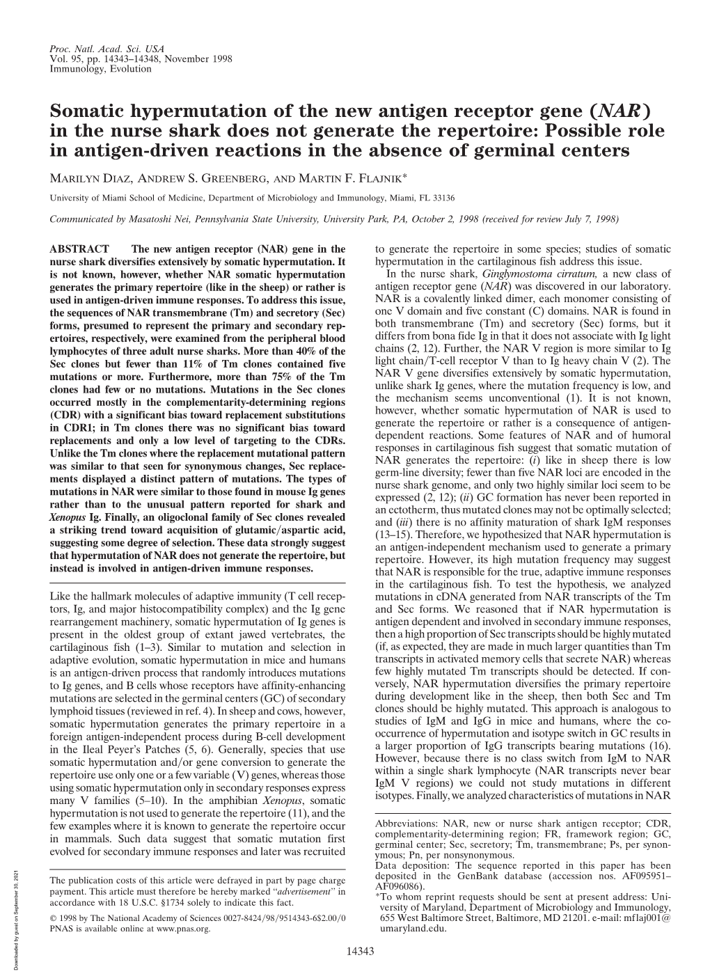 Somatic Hypermutation of the New Antigen Receptor Gene (NAR)