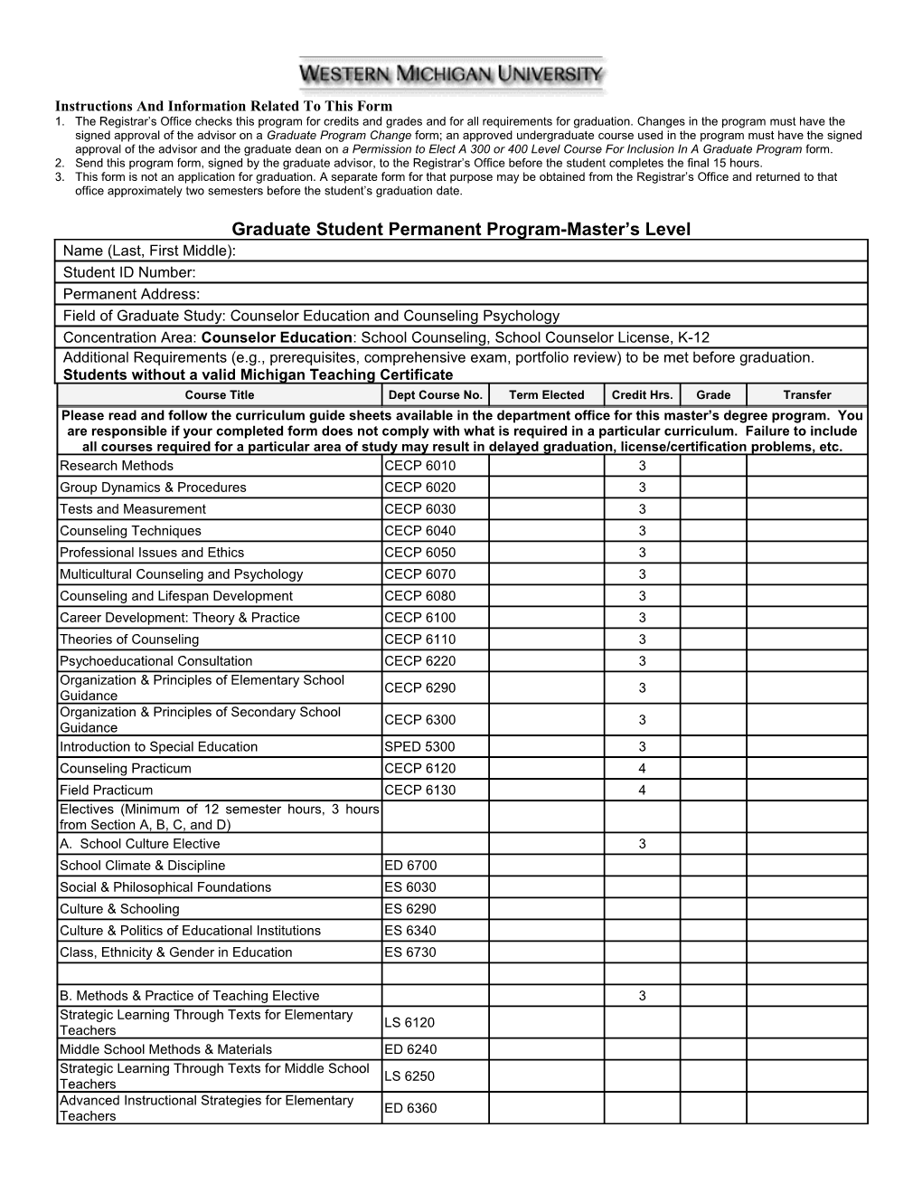 Graduate Student Permanent Program Form