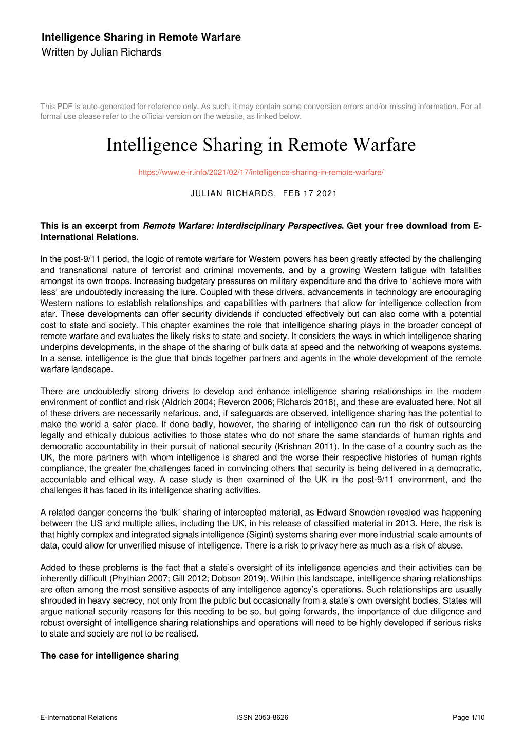 Intelligence Sharing in Remote Warfare Written by Julian Richards