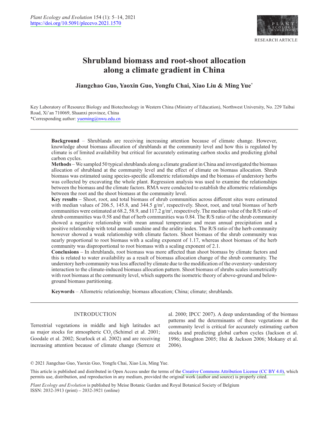 Shrubland Biomass and Root-Shoot Allocation Along a Climate Gradient in China