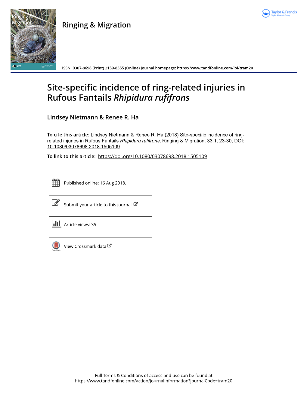 Site-Specific Incidence of Ring-Related Injuries in Rufous Fantails Rhipidura Rufifrons