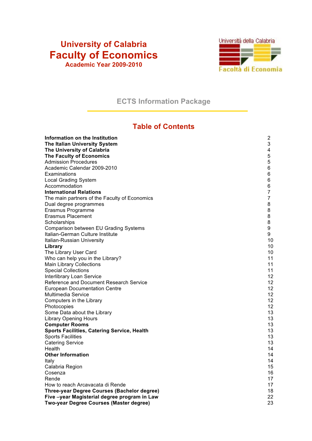 University of Calabria Faculty of Economics Academic Year 2009-2010