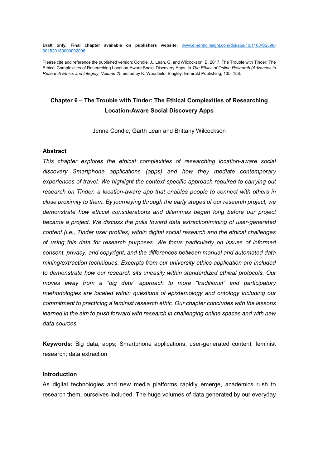 Chapter 6 – the Trouble with Tinder: the Ethical Complexities of Researching Location-Aware Social Discovery Apps