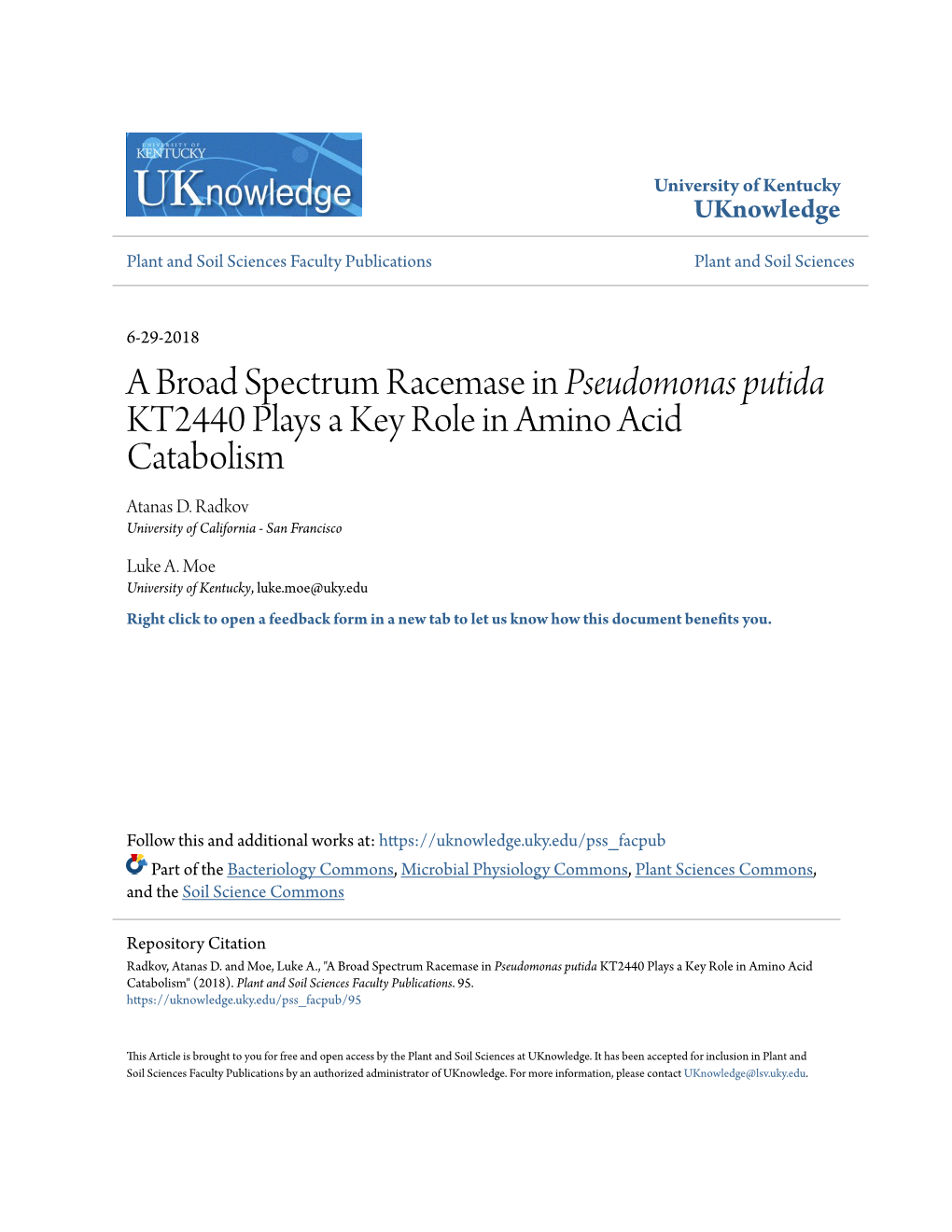 A Broad Spectrum Racemase in Pseudomonas Putida KT2440 Plays a Key Role in Amino Acid Catabolism Atanas D