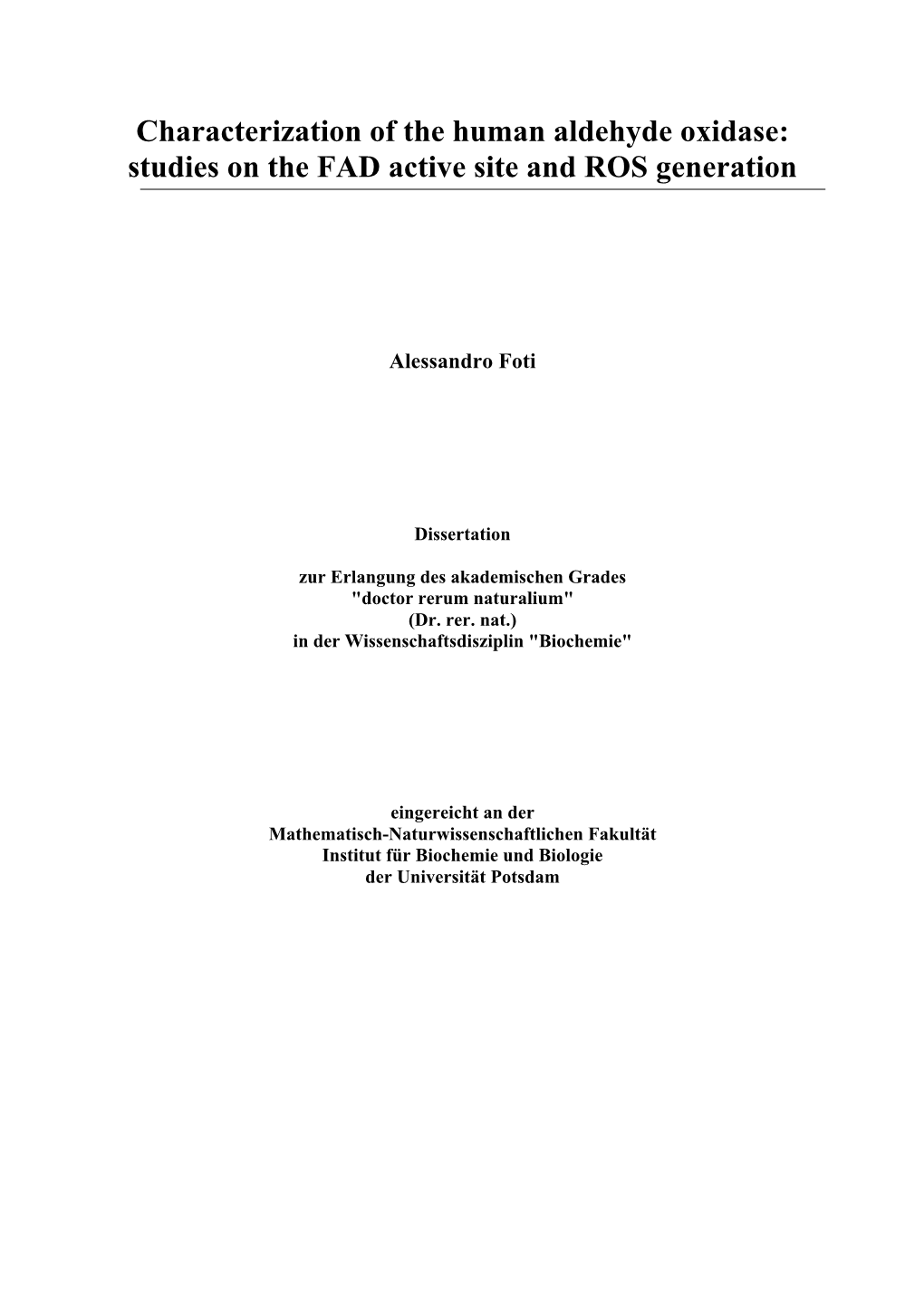 Characterization of the Human Aldehyde Oxidase: Studies on the FAD Active Site and ROS Generation