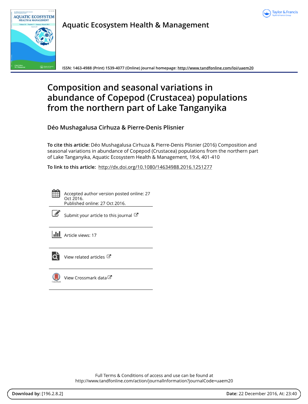 Composition and Seasonal Variations in Abundance of Copepod (Crustacea) Populations from the Northern Part of Lake Tanganyika