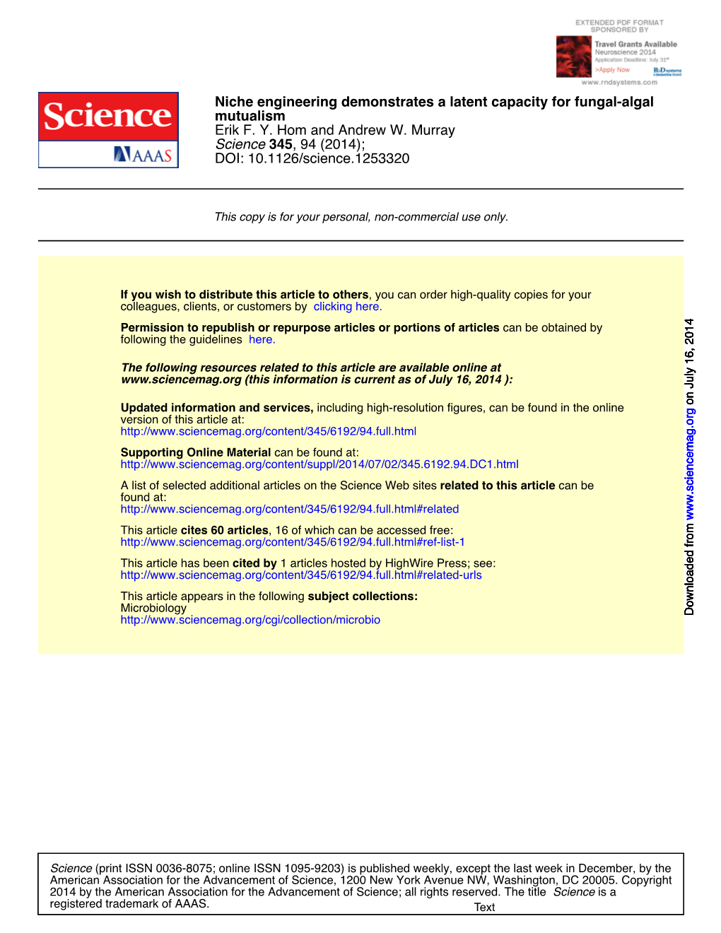 Niche Engineering Demonstrates a Latent Capacity for Fungal-Algal Mutualism Erik F