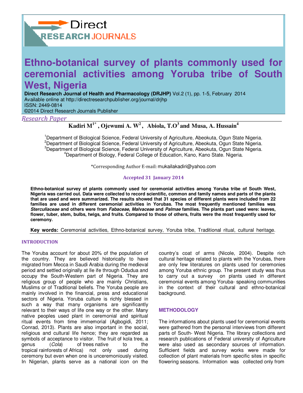 Ethno-Botanical Survey of Plants Commonly Used for Ceremonial