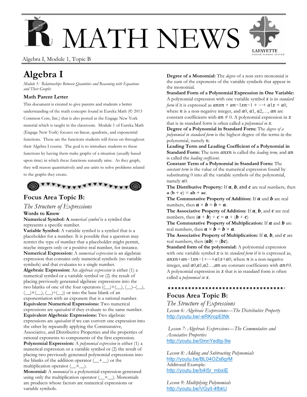 MATH NEWS Algebra I, Module 1, Topic B