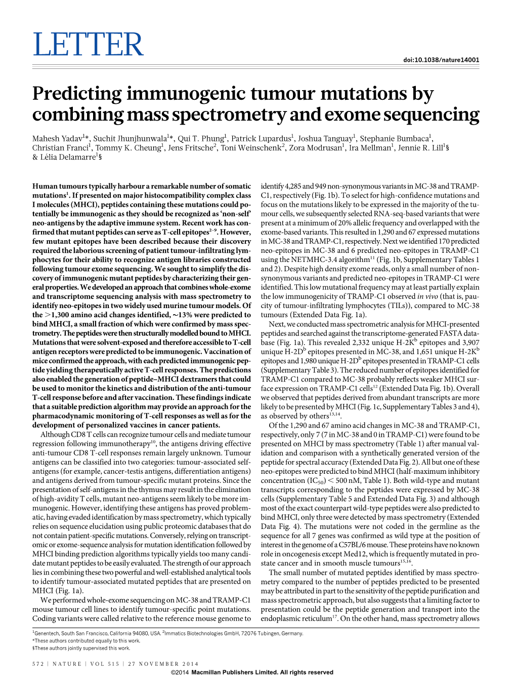 Predicting Immunogenic Tumour Mutations by Combining Mass Spectrometry and Exome Sequencing