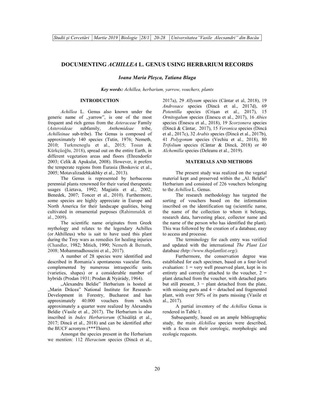 Documenting Achillea L. Genus Using Herbarium Records