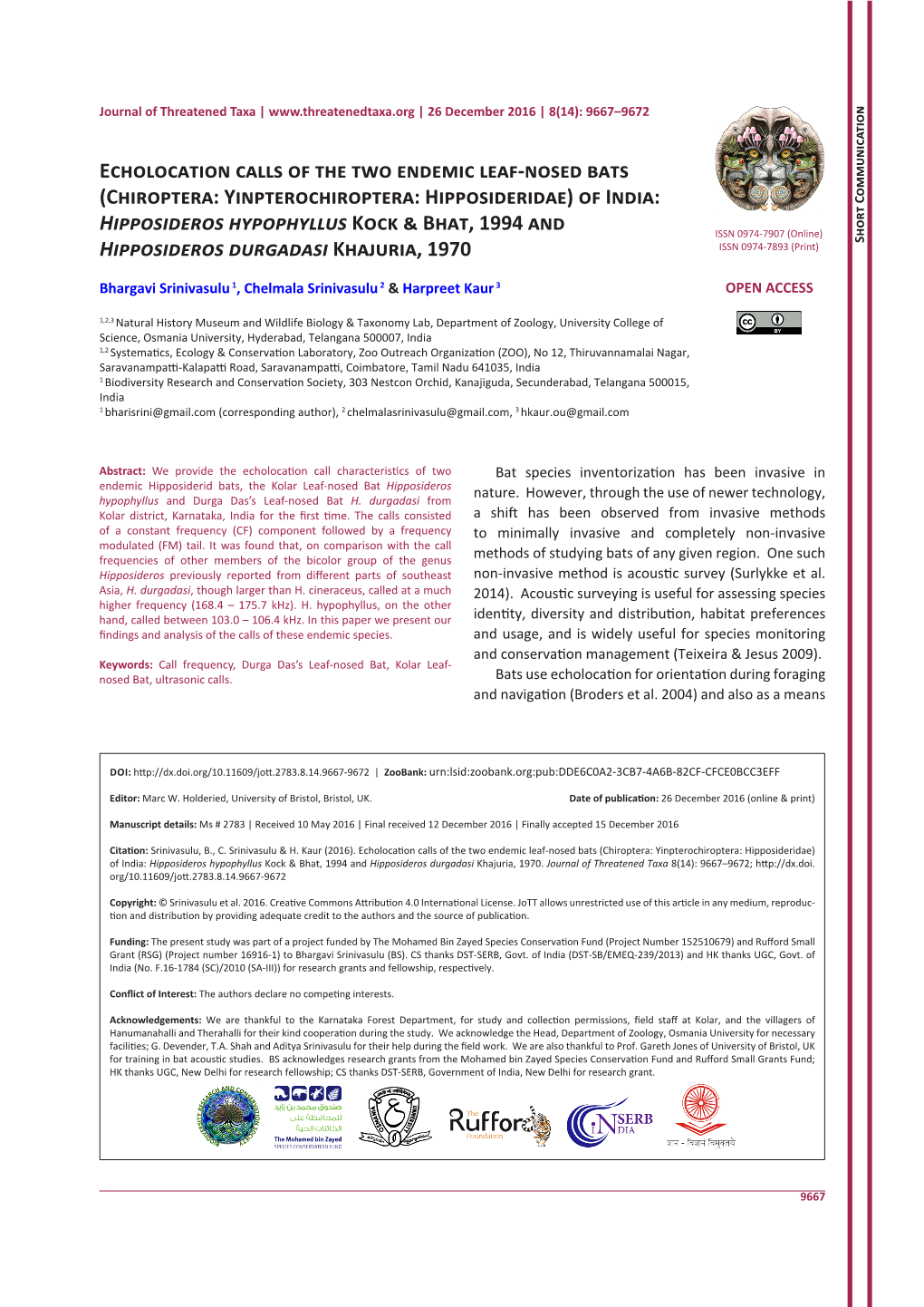 Echolocation Calls of the Two Endemic Leaf-Nosed Bats (Chiroptera: Yinpterochiroptera: Hipposideridae) of India