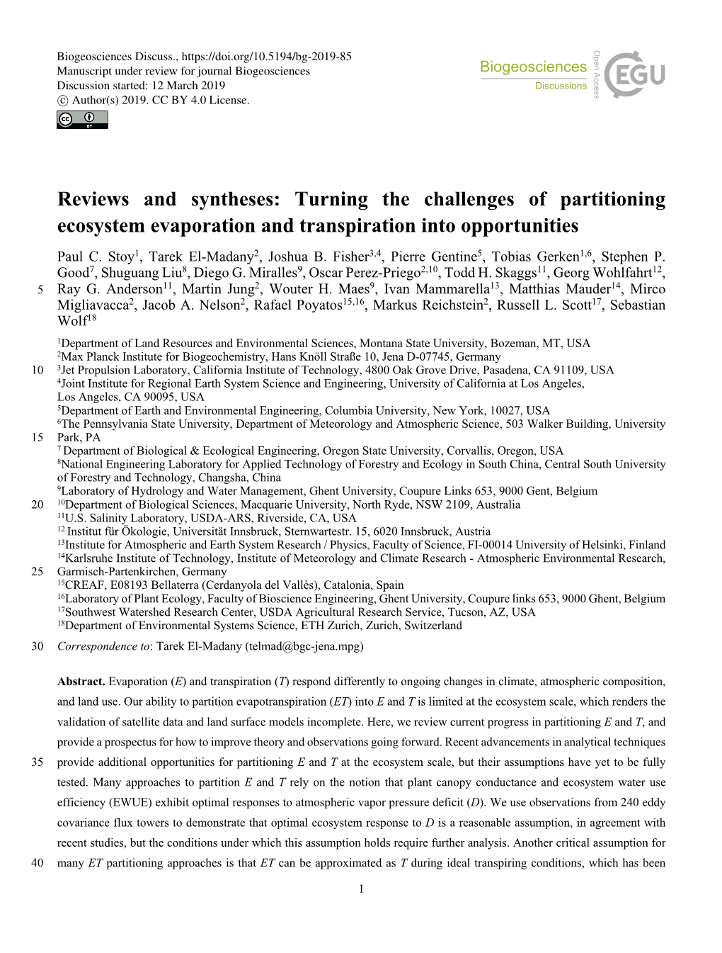 Turning the Challenges of Partitioning Ecosystem Evaporation and Transpiration Into Opportunities Paul C