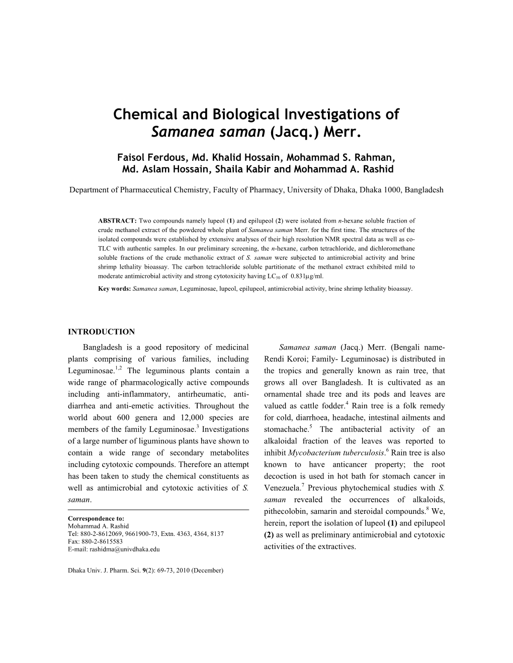 Chemical and Biological Investigations of Samanea Saman (Jacq.) Merr