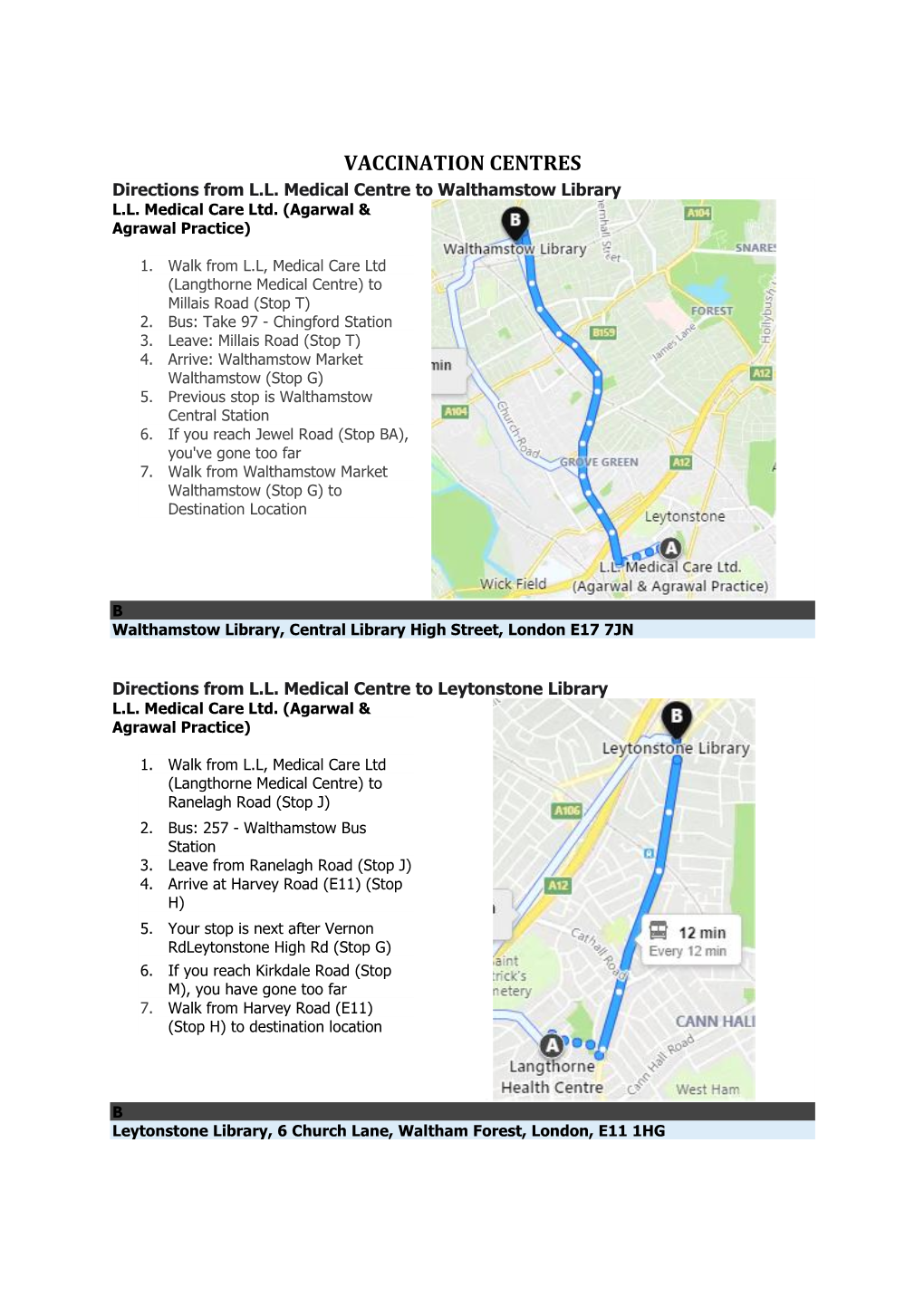 VACCINATION CENTRES Directions from L.L