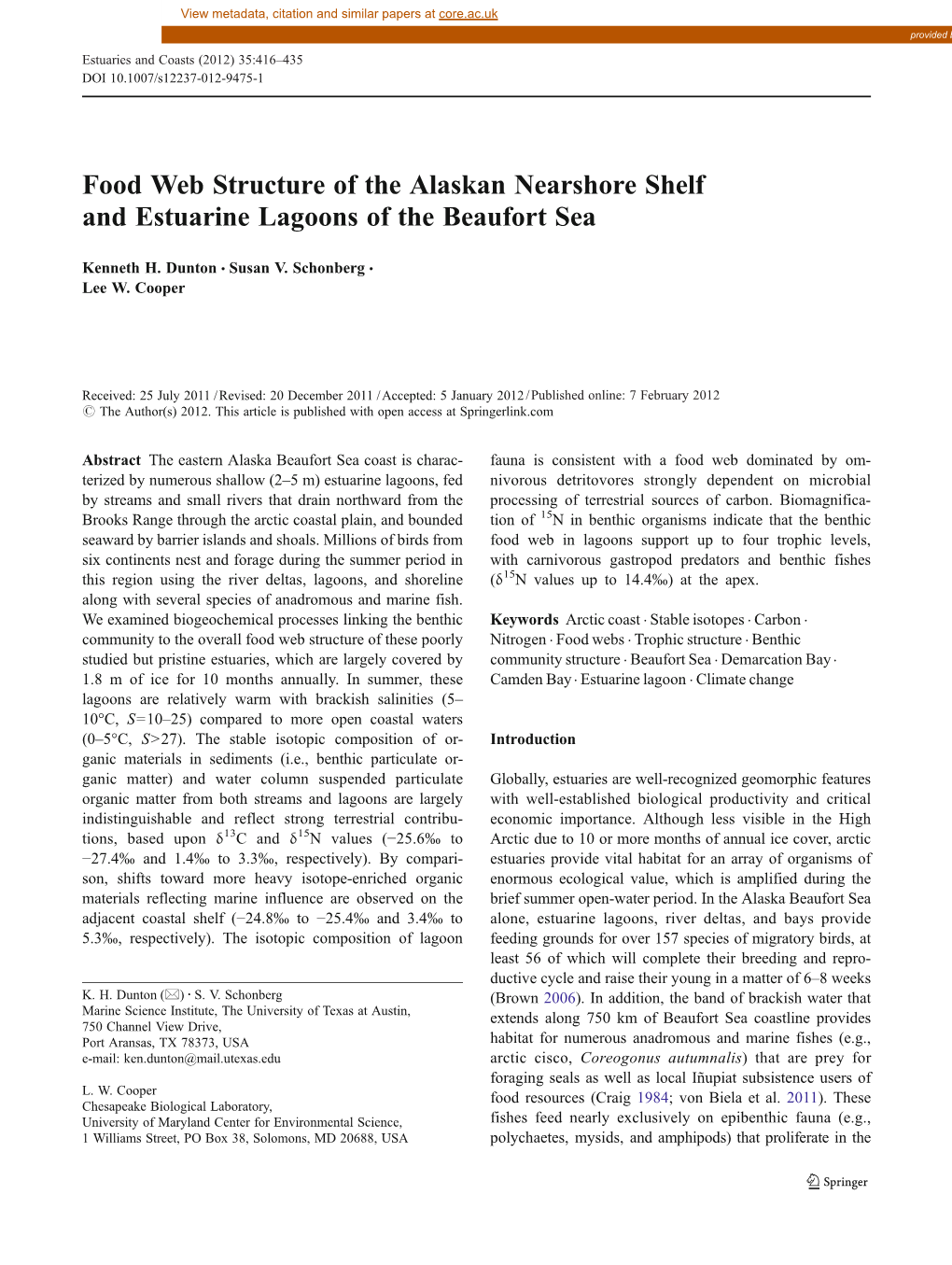 Food Web Structure of the Alaskan Nearshore Shelf and Estuarine Lagoons of the Beaufort Sea