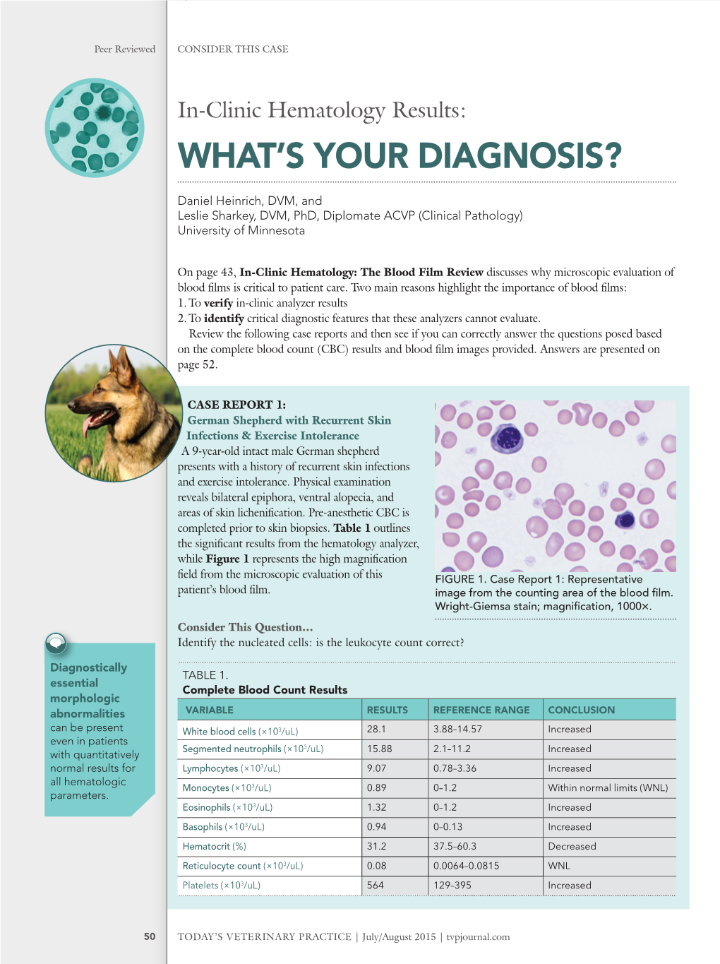 In-Clinic Hematology Results: WHAT’S YOUR DIAGNOSIS? Daniel Heinrich, DVM, and Leslie Sharkey, DVM, Phd, Diplomate ACVP (Clinical Pathology) University of Minnesota