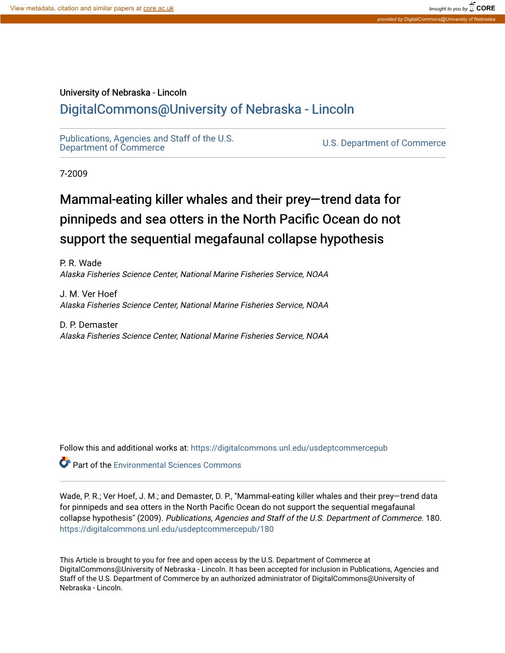 Mammal-Eating Killer Whales and Their Preyâ•Fltrend Data for Pinnipeds and Sea Otters in the North Pacific Ocean Do Not Suppo