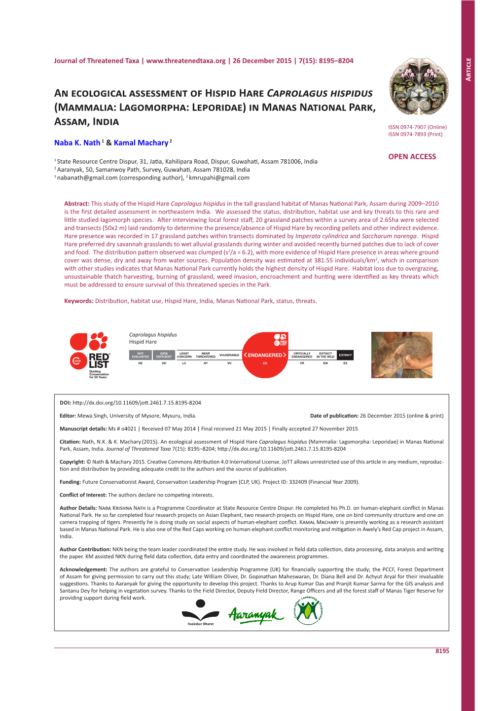 An Ecological Assessment of Hispid Hare Caprolagus Hispidus (Mammalia: Lagomorpha: Leporidae) in Manas National Park