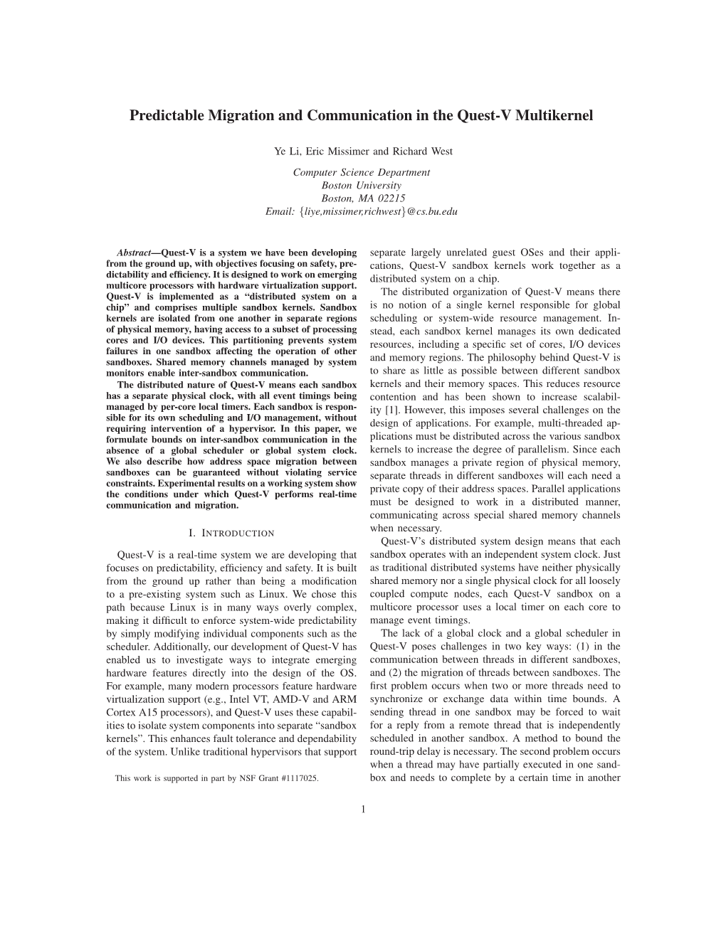 Predictable Migration and Communication in the Quest-V Multikernel