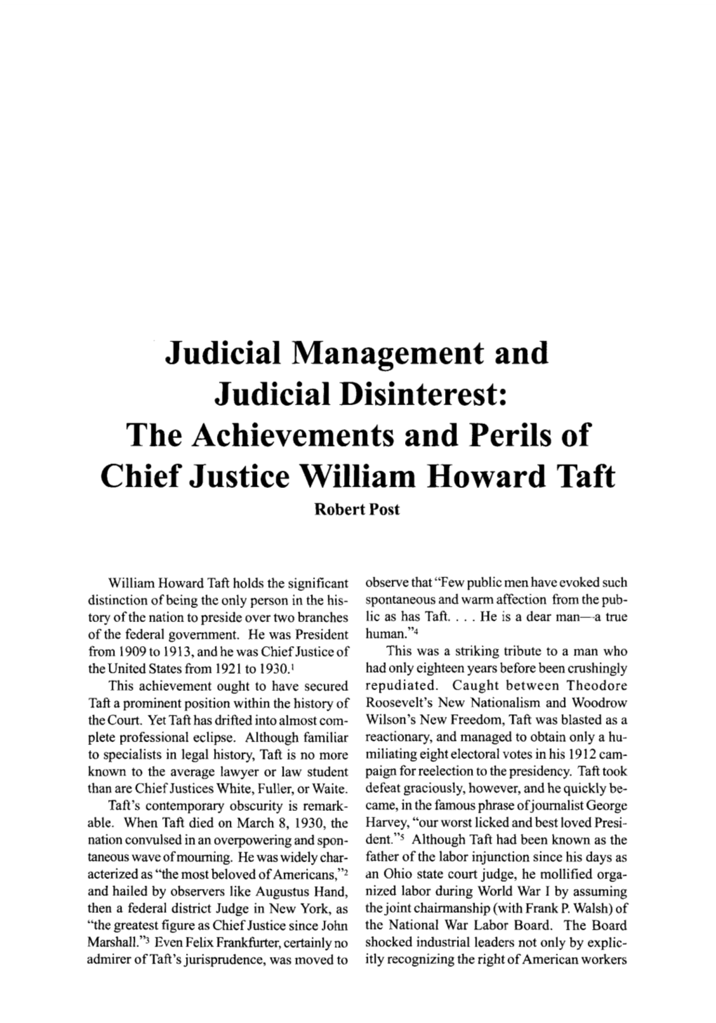 The Achievements and Perils of Chief Justice William Howard Taft Robert Post