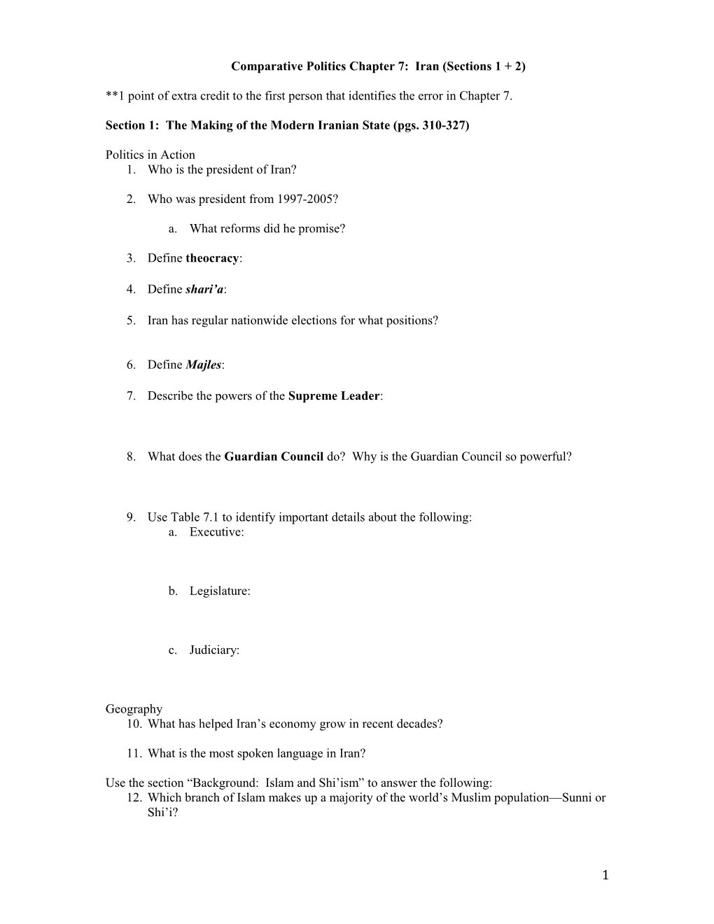 Comparative Politics Chapter 7: Iran (Sections 1 + 2)