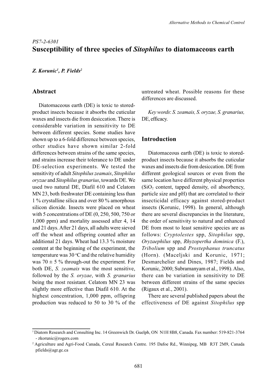 Susceptibility of Three Species of Sitophilus to Diatomaceous Earth