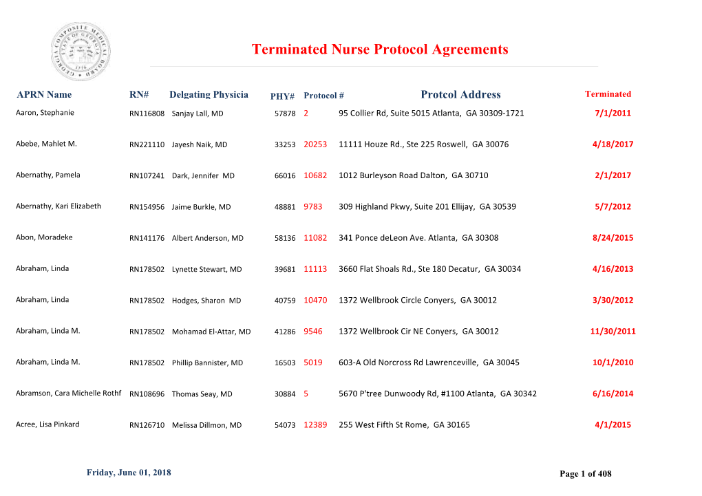 Terminated Nurse Protocol Agreements