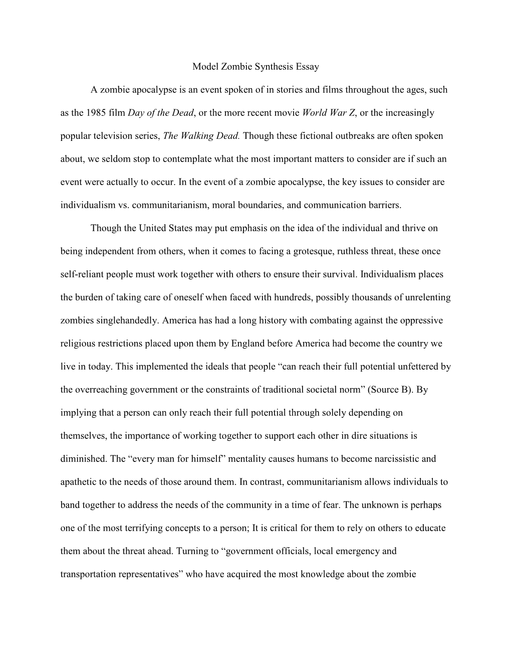 Model Zombie Synthesis Essay a Zombie Apocalypse Is an Event