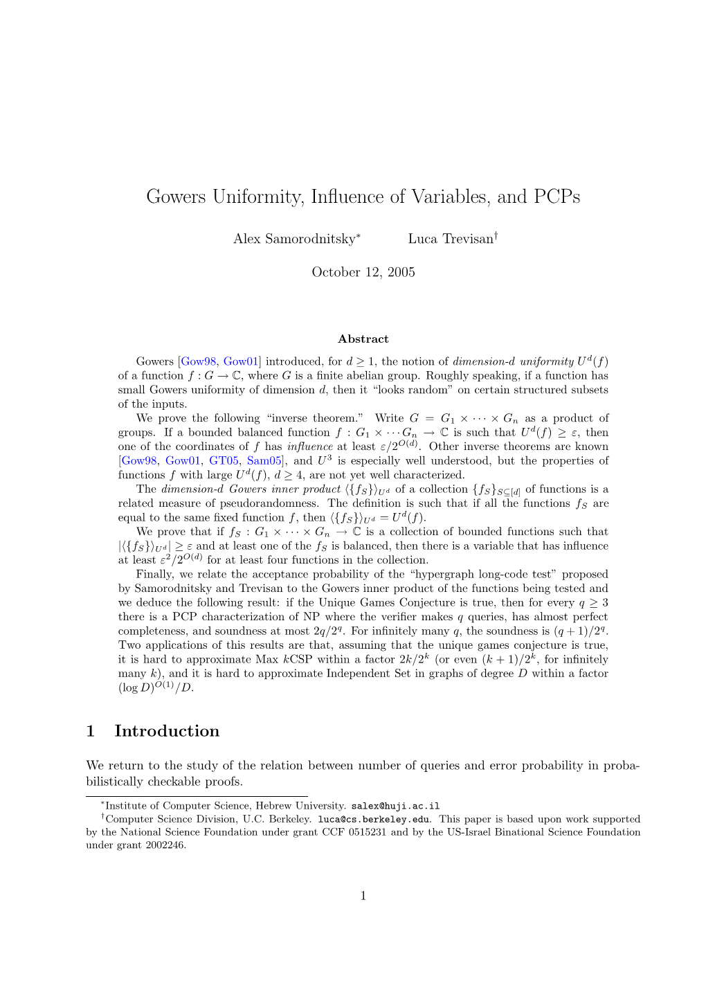 Gowers Uniformity, Influence of Variables, and Pcps