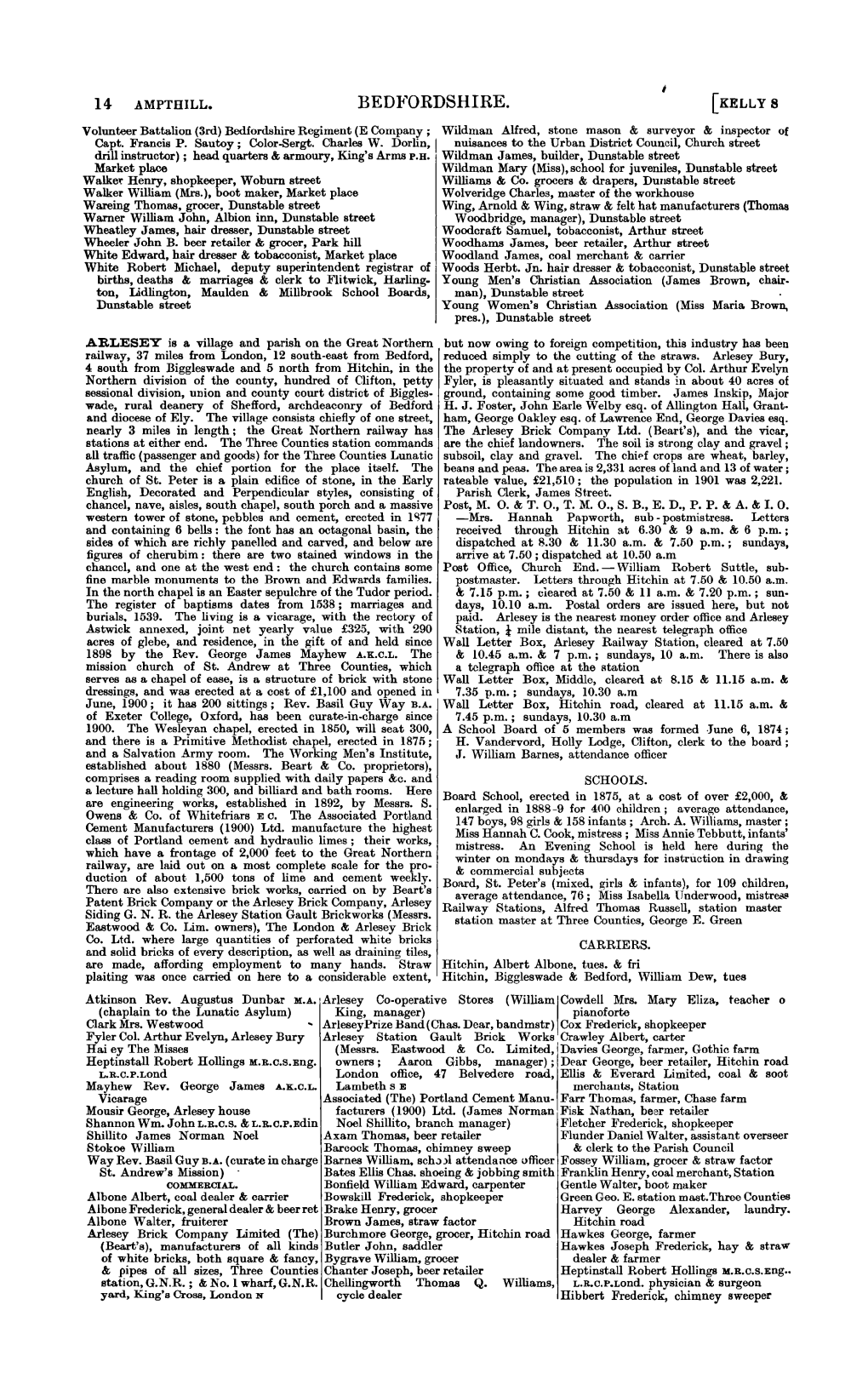 BEDFORDSHIRE. [KELLY 8 Volunteer Battalion (3Rd) Bedfordshire Regiment (E Company; Wildman Alfred, Stone Mason & Surveyor & Inspector of Capt