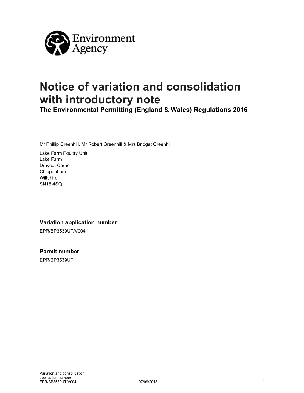 Notice of Variation and Consolidation with Introductory Note the Environmental Permitting (England & Wales) Regulations 2016