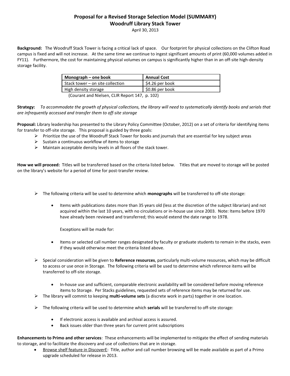 Proposal for a Revised Storage Selection Model (SUMMARY)