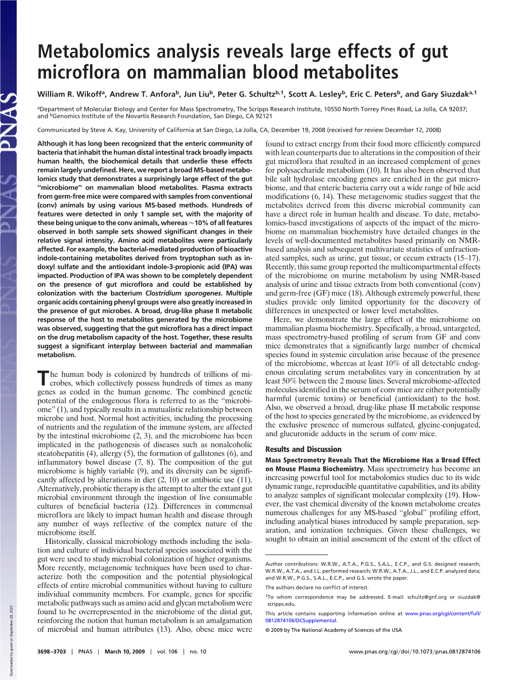 Metabolomics Analysis Reveals Large Effects of Gut Microflora on Mammalian Blood Metabolites