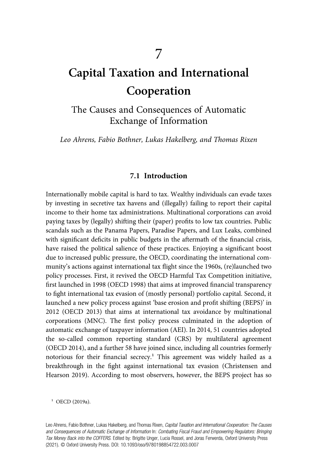 Capital Taxation and International Cooperation the Causes and Consequences of Automatic Exchange of Information